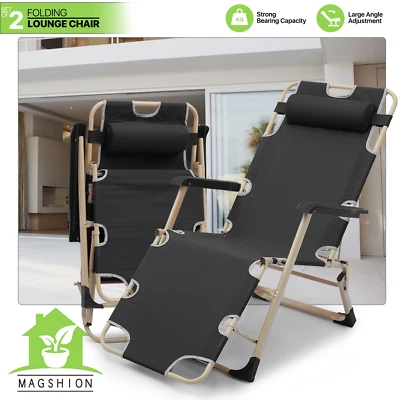 MAGSHION Set of 2 Black Foldable Adjustable Fabric Chair Patio Beach Yard Seat w/Headrest