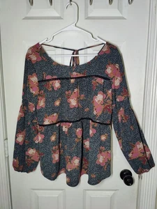 Knox Rose Gray purple Long Sleeve Peasant Ruffle Top Crochet Inserts M NWOT - Picture 1 of 7