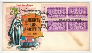 FLUEGEL PLATE # BLOCK FDC 1022 AMERICAN BAR ASS. 75th ANNIV BOSTON MASS - Picture 1 of 1