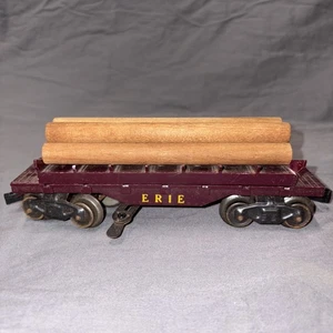 Marx O Scale Maroon ERIE Log Dump Car w/ 5 Logs & Bin - Mechanical - 8 Wheel - Picture 1 of 11