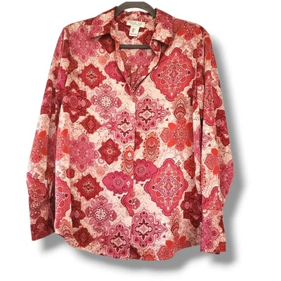 Blusa Rachel Zoe Satén Sedoso Talla S Patrón Ikat Abotonada Nueva Rosa Roja Foto 1 de 4