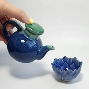 Ceramic Soy Sauce Dispenser & Lotus Sauce Dish Set – Blue & Green Glaze - Picture 1 of 15