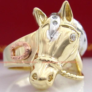 Signature Collection 9K Yellow Rose Gold Horse Head Ring Simulate Diamonds Ruby - Picture 1 of 12