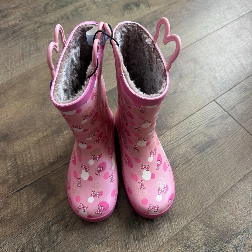 Western Chief Girls Rain Boots Disney Minnie Dizzy Dots Pink Faux Fur Lined 13/1 - Image 1 of 4