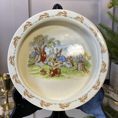 1930s Royal Doulton BUNNYKINS Barbara Vernon Picnic Porridge Bowl Baby Dish 7.5” - Image 1 of 4
