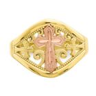 10k Fine Solid Two Tone Pink Yellow Gold Dainty Statement Religious Cross Ring