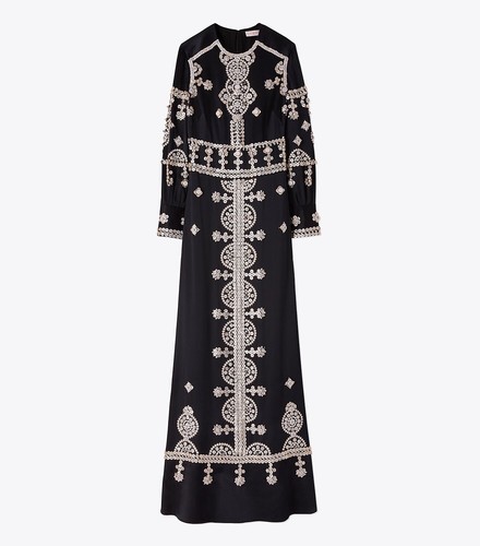 Abito abbellito Tory Burch Sylvia ricamato nero seta taglia 2