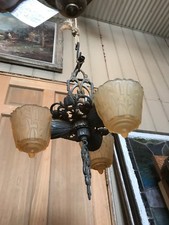 Fla 32 Antique Art Deco Amber  Slip Shade Chandelier 3 Arm