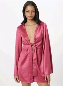 MISSGUIDED Satin Tie Front Flare Sleeves Hot Pink Playsuit Size: 14 (£32.95rrp!) - Picture 1 of 4