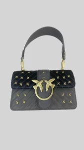 Pinko Love Icon Gray Leather Crossbody Handbag Two Bag Handle Golden Details - Picture 1 of 12