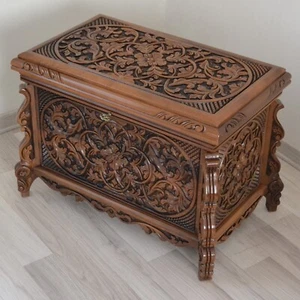 Walnut Wood Coffee Trunk Table, Hand carved Decorative Storage Chest - Picture 1 of 10