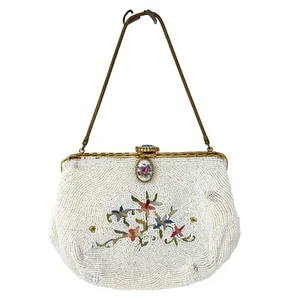 VINTAGE Marshall Field & Company French Beaded Purse Handbag White Floral A24 - Picture 1 of 12
