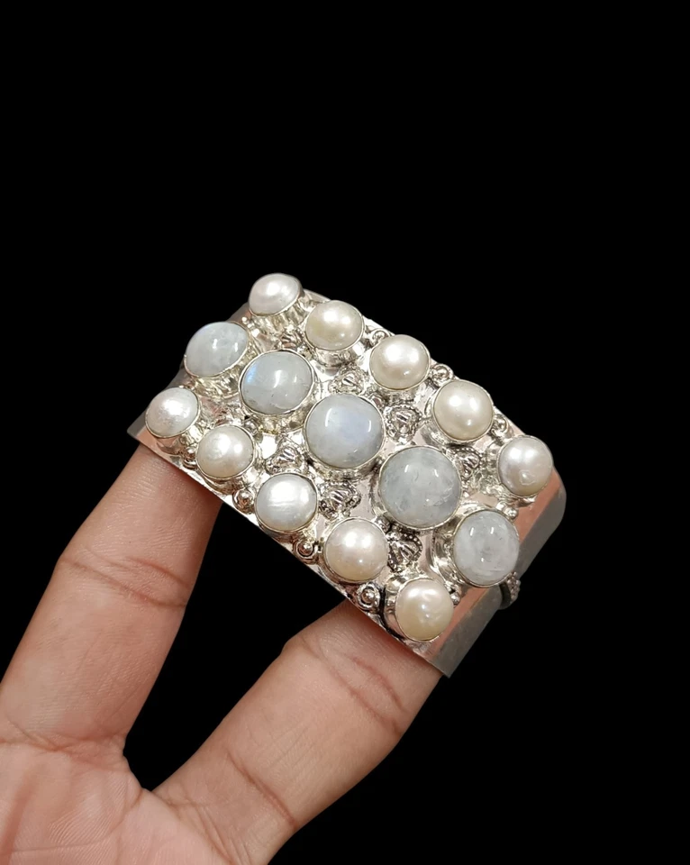 Natural Rainbow moonstone and pearl Bangle 925 Sterling Silver gift bangle - Image 1 of 4
