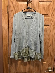 LOGO Lori Goldstein Cardigan Bedruckter Besatz Blau Horizon Medium EUC - Bild 1 von 17