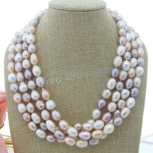 Collar de perlas de arroz barroco de agua dulce púrpura blanco rosa natural de 4 filas 18 pulgadas - Imagen 1 de 8