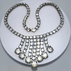 1940s silver tone brass clear glass rhinestones hanging fringe necklace - Picture 1 of 7