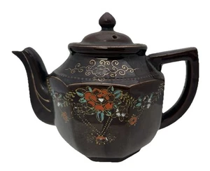 Braune handbemalte Moriage japanische Teekanne mit Goldrand braune Glasur Rotware - Bild 1 von 9
