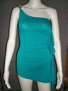 Jrs Teal Rhinestone One Shoulder Knit Top w/Wing Side by Yebbrey-S,M.L - Picture 1 of 6