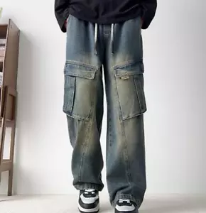 Jeans uomo larghi taglie forti denim tasche elastico in vita pantaloni dritti larghi - Foto 1 di 13