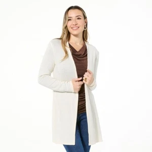Cream Ivory Ribbed Knit Cardigan Size Medium Fringe Belt IMAN Global Chic New - Picture 1 of 2