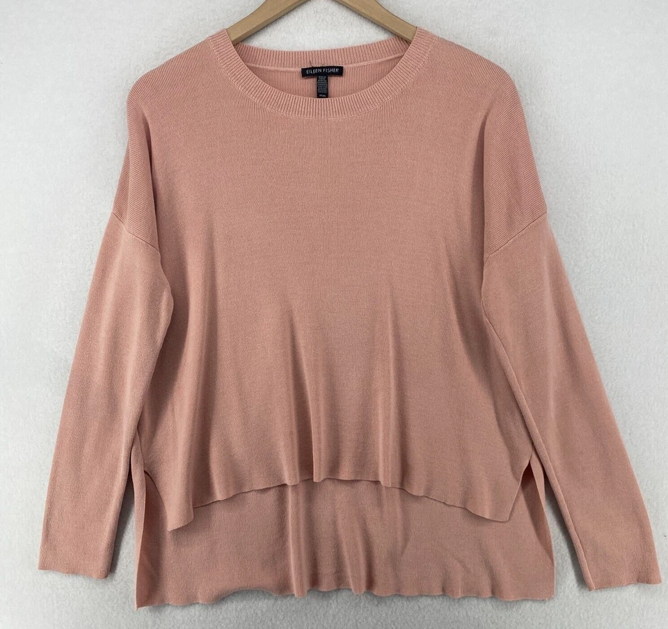 EILEEN FISHER 毛衣 M Tencel 尼龙方格长袖套衫粉色美国 — 第 1/4 张图片