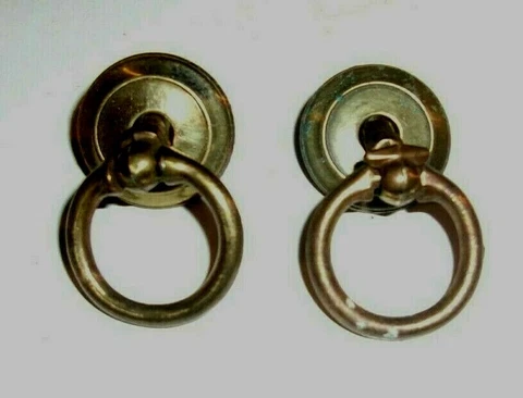 2 Antique/Vintage Brass Drawer Pull Drop Ring Handle W/Backplate 1 1/4" D 7-D Cover