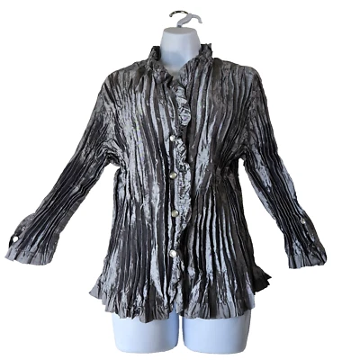 De Colección Agora Mujer Top XL Gris Satinado Acordeón Plisado Volantes Estrás Avant Garde Foto 1 de 4