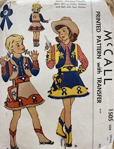 40s Vtg McCall Pattern #1505 Girls Western Cowgirl Skirt Gaiters Holster Bolero - Picture 1 of 5