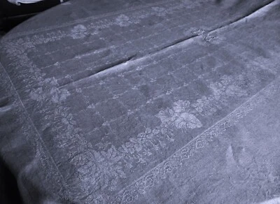 Nappe damassé en pur fil de lin ancien teinté gris mauve/Feuillage/Fleur 154/227 - Photo 1/4