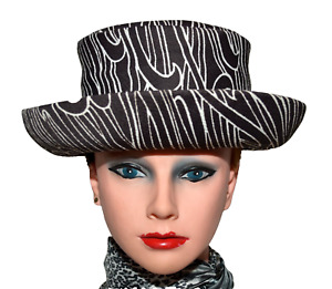 Black White Striped w Hook Design Upturned Brim Derby Style Womens Hat One Size