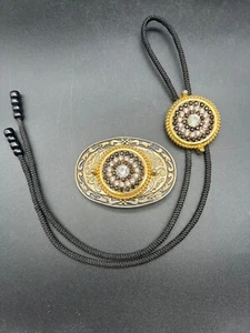 Western Gold Tone With Black Rhinestones Bolo Tie & Belt Buckle Set Made In USA - Picture 1 of 11