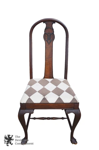 Mid-Century Mahogany Dome Back Occasional Side Chair Check Upholstered Seat Cover