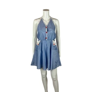 Vintage 80s Halter Dress Women's XS Blue Mini Novelty Sunglasses Buttons Quirky - Picture 1 of 11