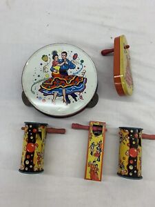 Lot Of 5 Vintage Tin Litho NOISE MAKERS Wooden Handles ~ Tambourine ~ All Work