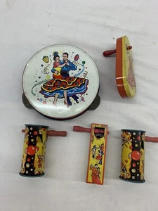 Lot Of 5 Vintage Tin Litho NOISE MAKERS Wooden Handles ~ Tambourine ~ All Work - Picture 1 of 12