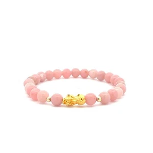 18K Gold Dragon Pixiu Piyao Lucky Charm Bracelet Gemstones Natural Pink Opal 6mm - Picture 1 of 4