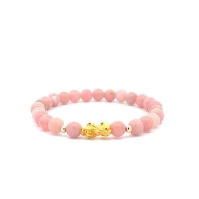 18K Gold Dragon Pixiu Piyao Lucky Charm Bracelet Gemstones Natural Pink Opal 6mm - Image 1 of 4