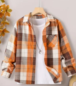 Long Sleeve Boys Plaid Button Down Shirts for Spring Fall Outwear - Picture 1 of 4