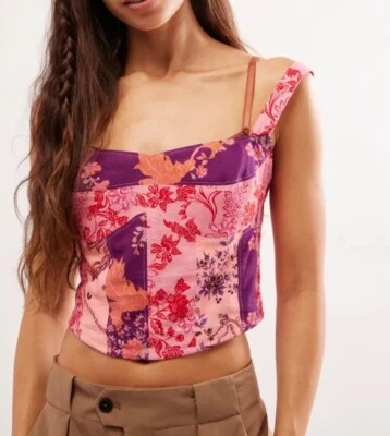 NUEVO Corsé Free People Bowen L Grande Rosa Combo Retazos Rosa Top Corto Calado Foto 1 de 4