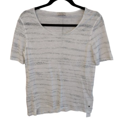 Wrap London NEW 100% Linen Striped Asymmetric Hem Scoop-Neck T-Shirt Tee US 8 - Image 1 of 4