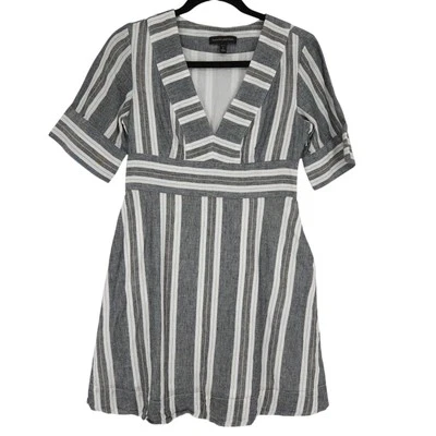 Banana Republic Dress Linen Shabby Chic Stripe Short Sleeve Deep VNeck Petite 2P - Image 1 of 4