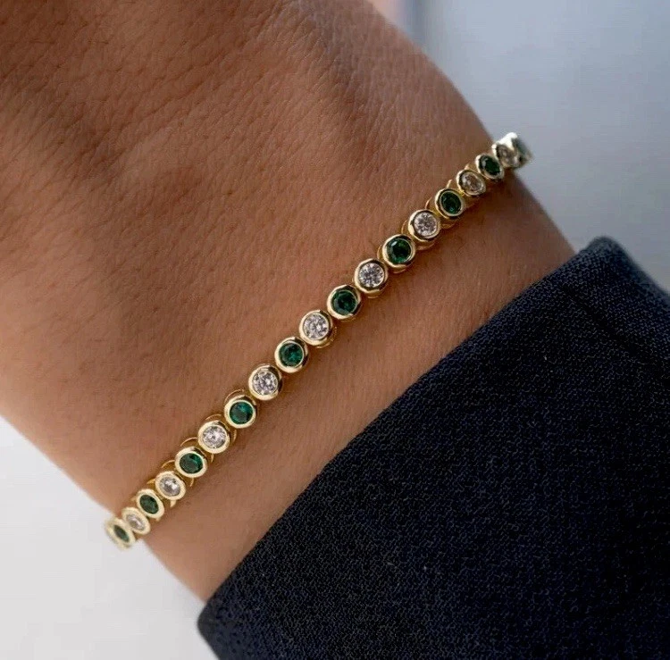 女士 14k 黄金饰面边框手链带圆形切割实验室制作翡翠 — 第 1/4 张图片