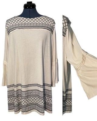 J Jill Ivory Black Geometric Embroidered Bell Sleeve Tunic Boho Peasant Top 2X - Изображение 1 из 4