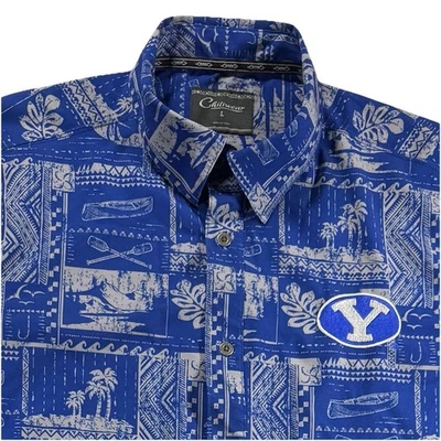 BYU Chiliwear Shirt Men's Large Blue Hawaiian Graphic Short Sleeve Button Up - Image 1 of 4