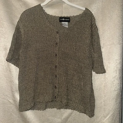 Sag Harbor Crochet Knit Button Up Blouse Open Knit V-Neck Women Sz S beige/green - Image 1 of 4