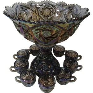 Imperial Glass-Ohio Whirling Star Carnevale Vetro Punch Bowl Set con 12 Tazze Iri - Foto 1 di 6