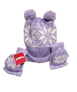 Girls Hat Gloves Set Kids Holiday Time Purple Snowflake Tinsel Pom Pom New - Picture 1 of 15