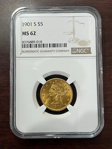 1901 $5 Gold Liberty Head Half Eagle - MS62 - NGC - Picture 1 of 4