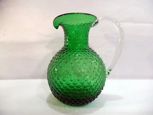 Large Vintage Green Hand Blown Glass Hobnail Pitcher Jug w/ Clear Applied Handle - Picture 1 of 12