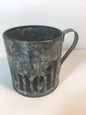 Vintage Metal Aluminum Cup Pencil Stencil Farmhouse Decor Primitive Gray Black Cover